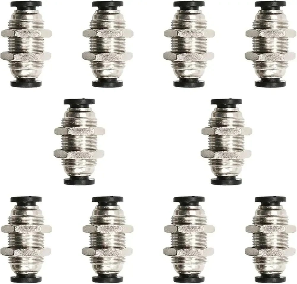 10 Pack Bulkhead Union Fittings 1/4 Inch Push to Connect Nickel Plated Brass For